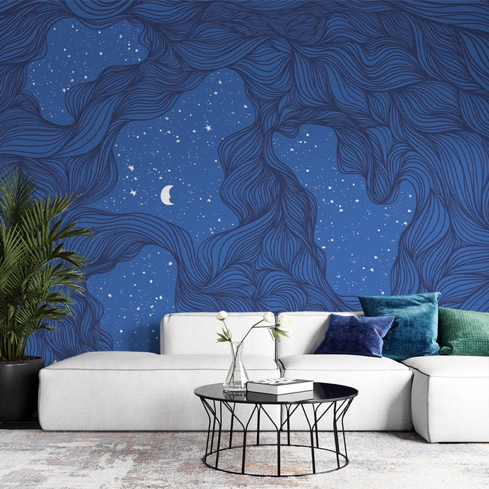 Papier peint nuit étoilée - Étoiles scintillantes et lune croissante sur fond bleu marine