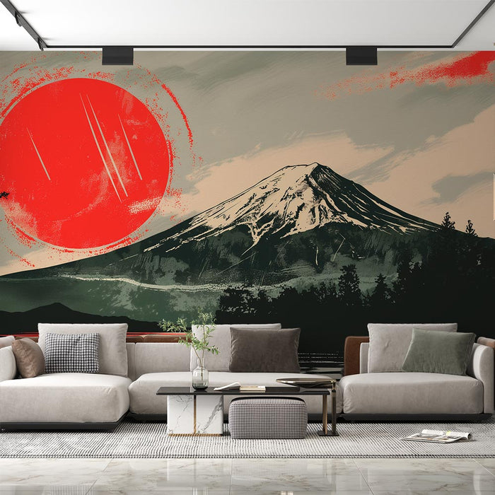 Papier peint mont Fuji | Peinture rouge et verte