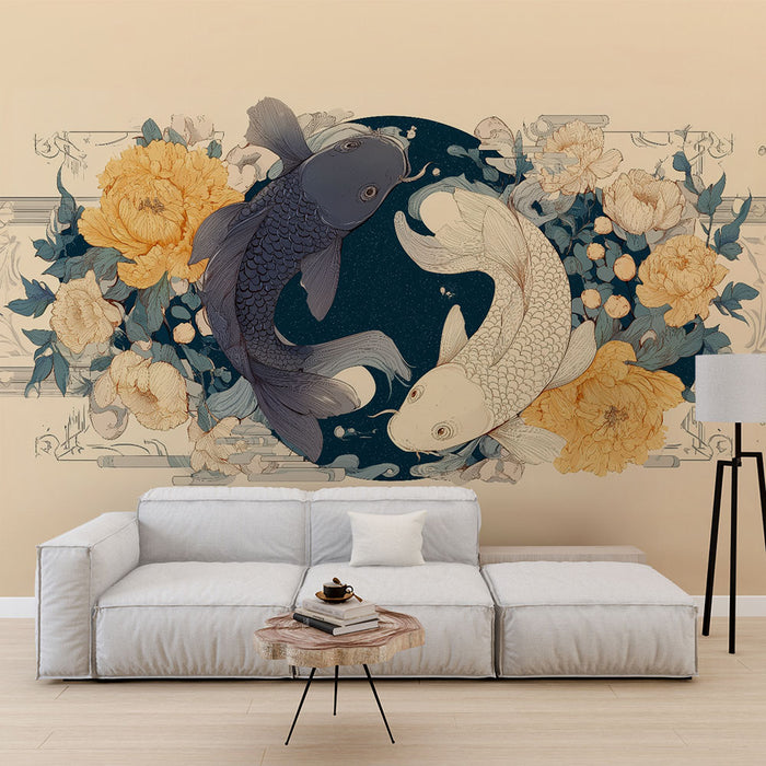 Papier peint carpes koï | Illustration artistique yin yang