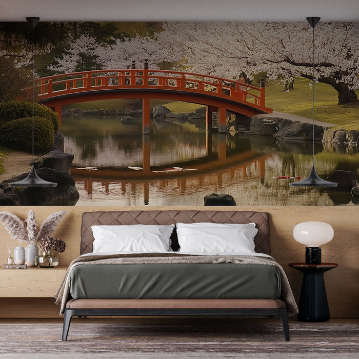 Papier peint pont japonais | Paysage serein avec fleurs de cerisier