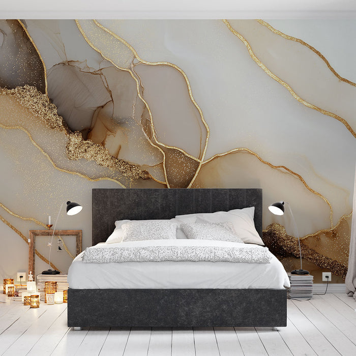 Papier peint marbré | Luxe doré et beige
