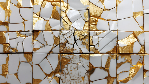 Papier peint mosaïque Style Kintsugi doré et blanc