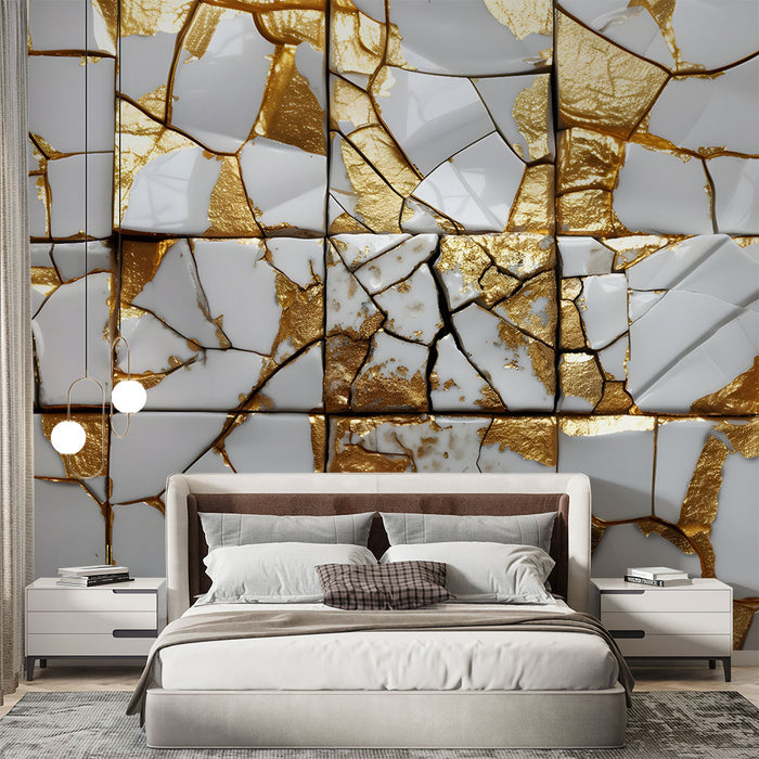 Papier peint mosaïque | Style Kintsugi doré et blanc