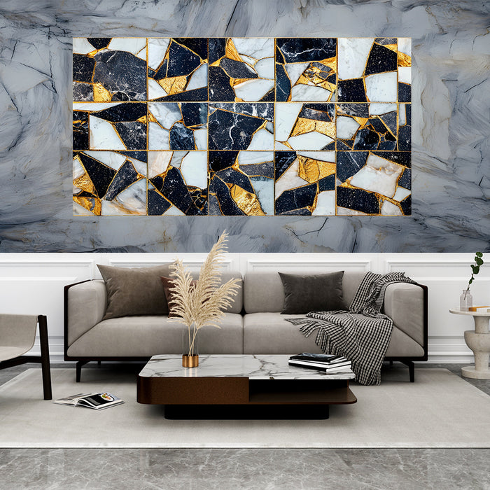 Papier peint mosaïque dorée | Design contemporain en noir et blanc