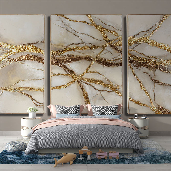 Papier peint Tableau abstrait doré | Triptyque moderne en relief