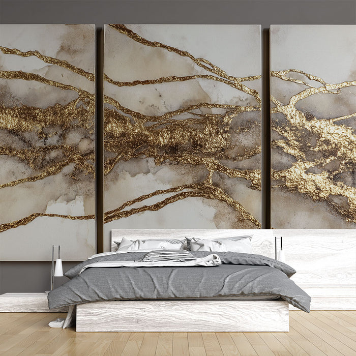 Papier peint abstrait marbré | Luxe doré et beige