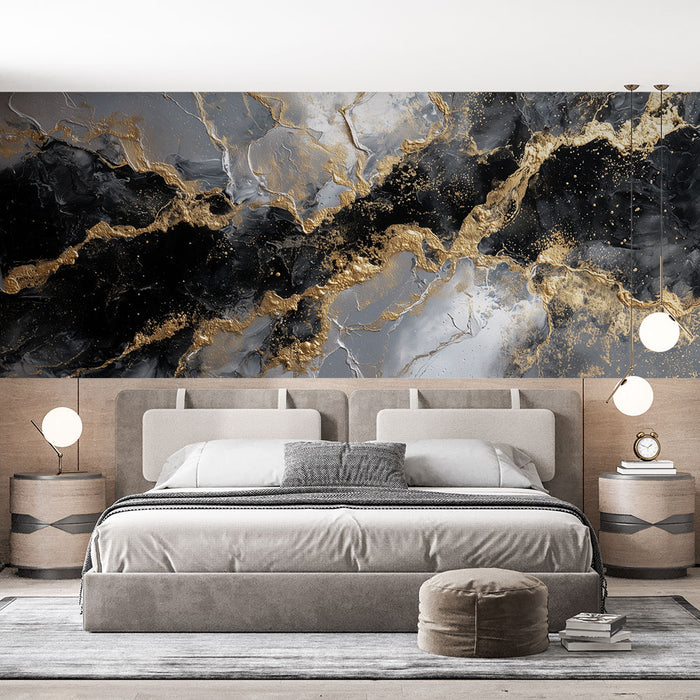 Papier peint abstrait | Noir, Or et Blanc