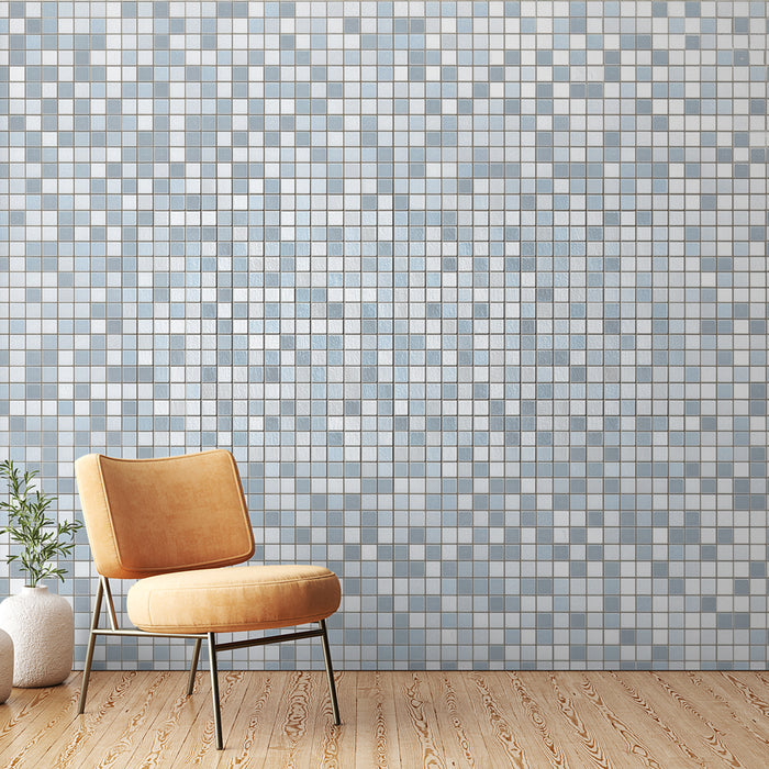 Papier peint mosaïque moderne | Motif pixelisé blanc et bleu clair
