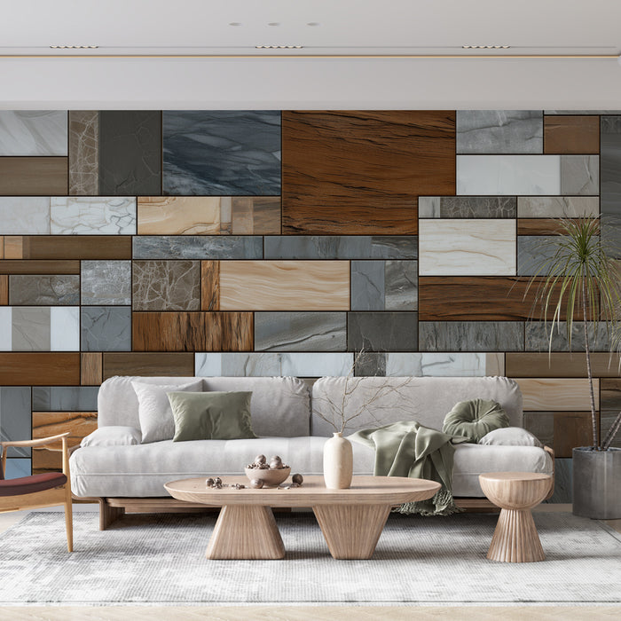 Papier peint motif géométrique | Effet bois et marbre