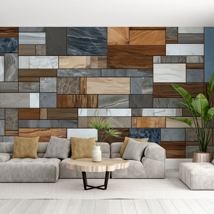 Papier peint mosaïque | Effet bois et marbre