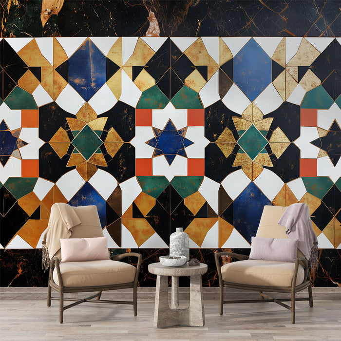 Papier peint design avec motifs géométriques colorés pour salon moderne