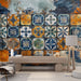 Papier peint carrelage vintage bleu et orange avec motifs floraux pour salon moderne