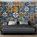 Papier peint carrelage vintage bleu et orange avec motifs floraux pour chambre moderne
