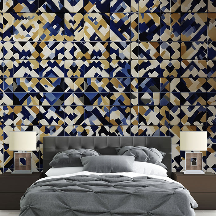 Papier peint moderne avec motifs géométriques bleu et or pour chambre à coucher élégante