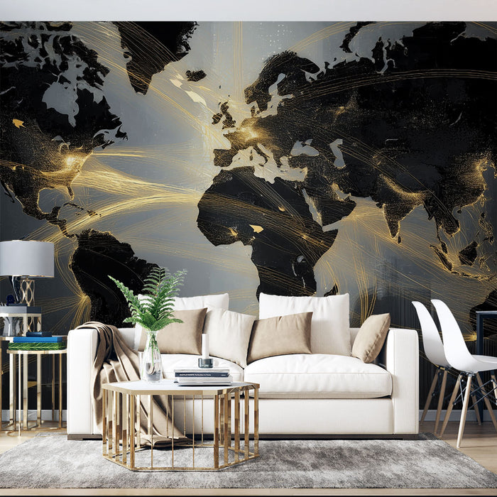 Papier peint monde connecté | Design géographique doré