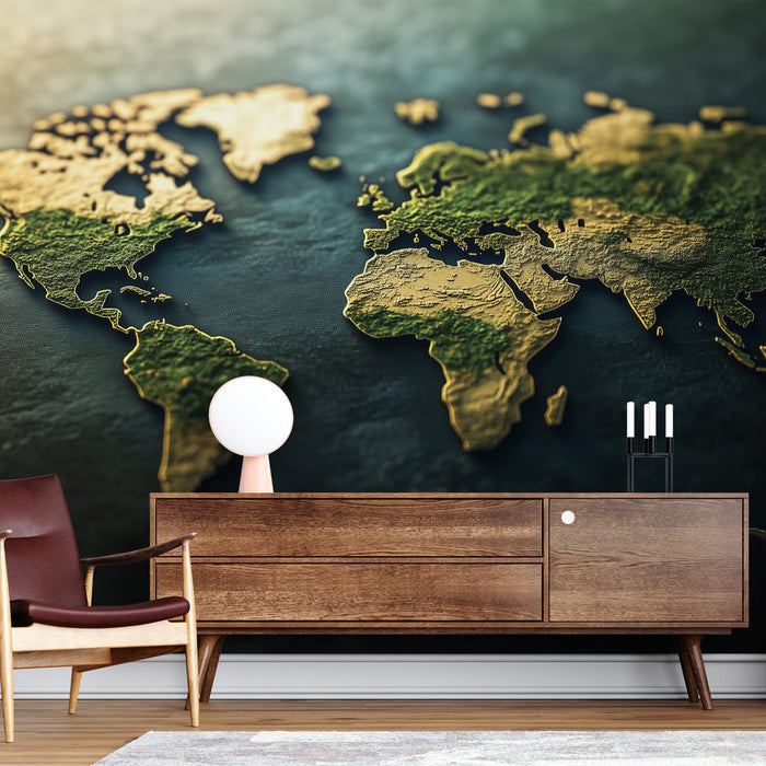 Papier peint carte du monde en relief avec continents dorés pour salon moderne