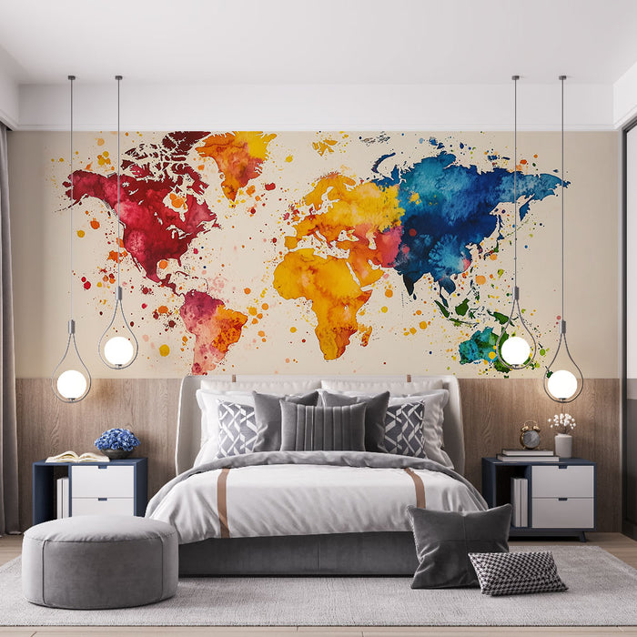Papier peint carte du monde aquarelle multicolore pour chambre moderne et élégante