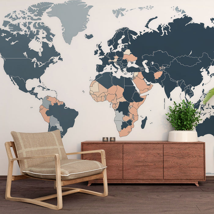 Papier peint carte du monde bleu et beige pour bureau moderne et élégant