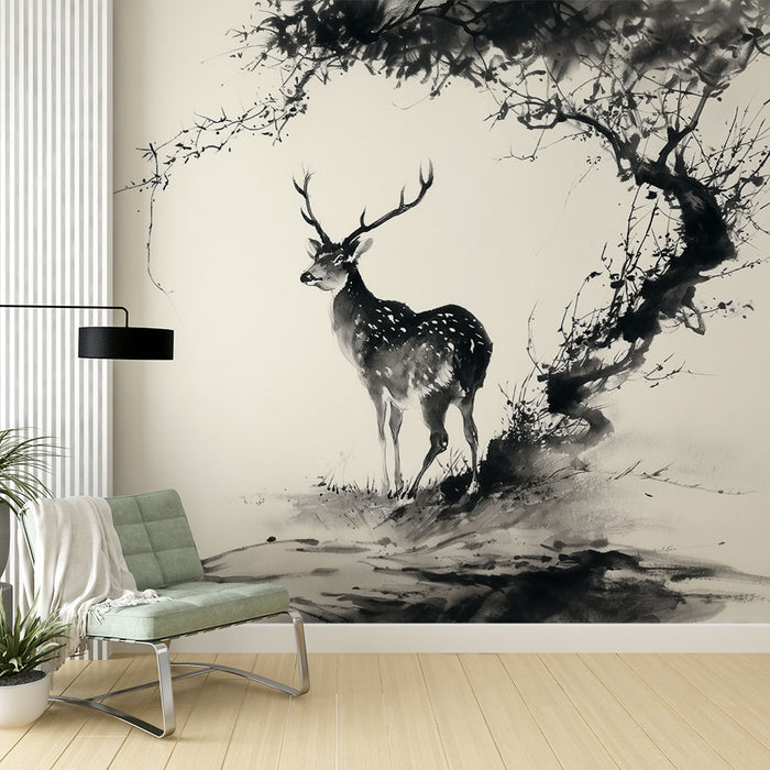 Papier peint cerf | Art encre traditionnelle