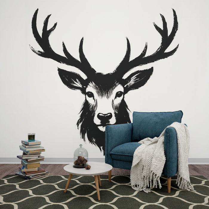 Papier peint cerf | Illustration élégante en noir et blanc