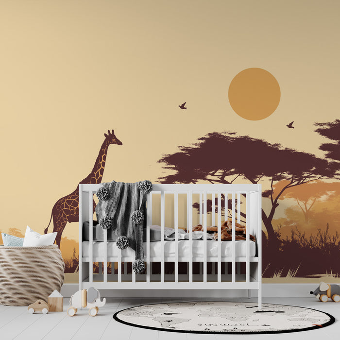 Papier peint girafe | Coucher de soleil dans la savane