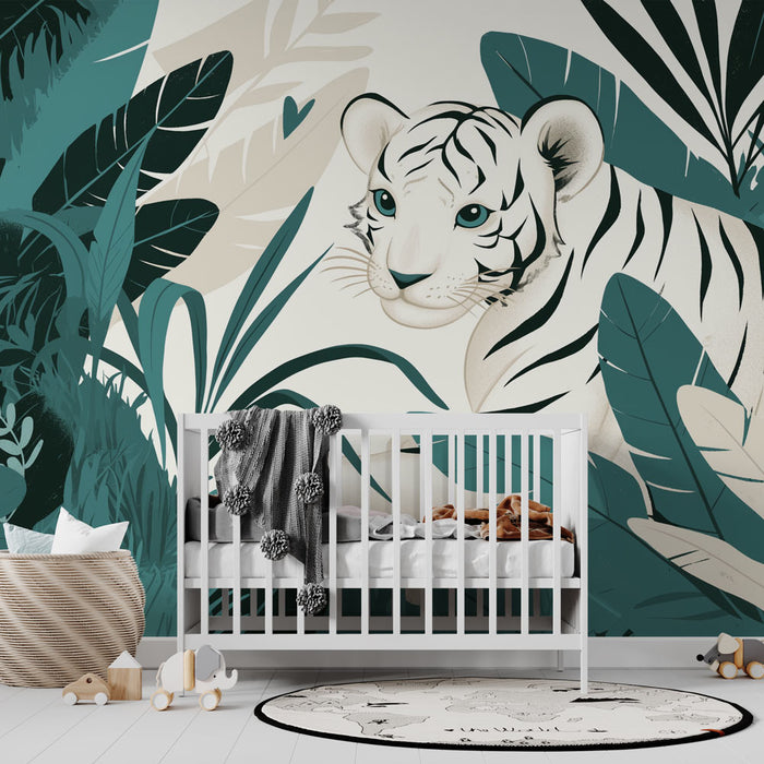 Papier peint jungle | Jeune tigre blanc dans la jungle