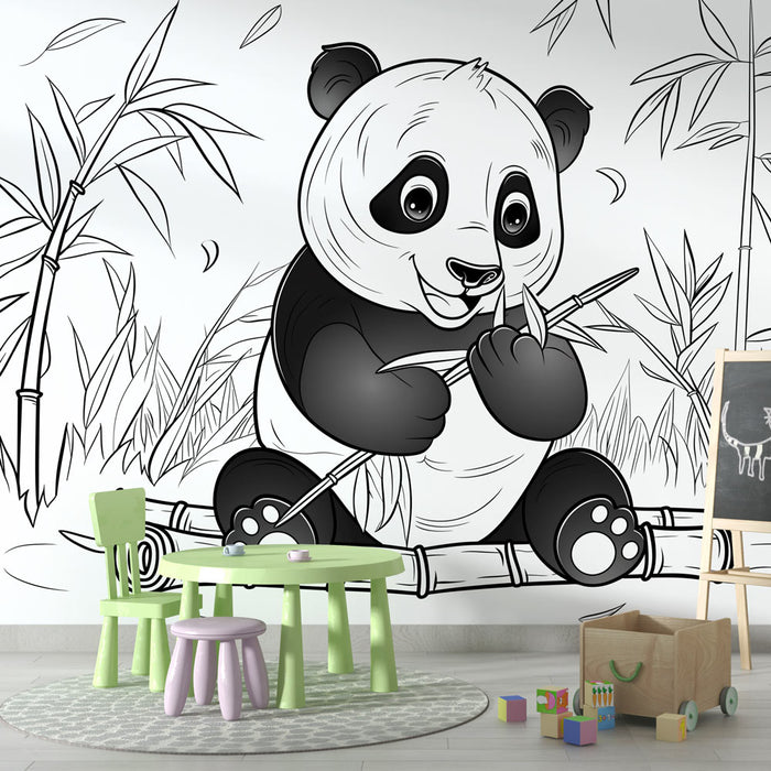 Papier peint coloriage | Panda qui joue avec son bambou