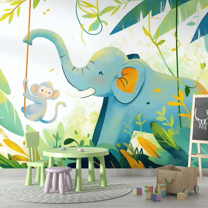 Papier peint forêt tropicale | Singe et éléphant