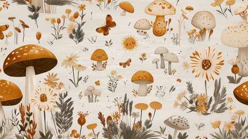 Papier peint champignons et papillons Motif naturel et ludique
