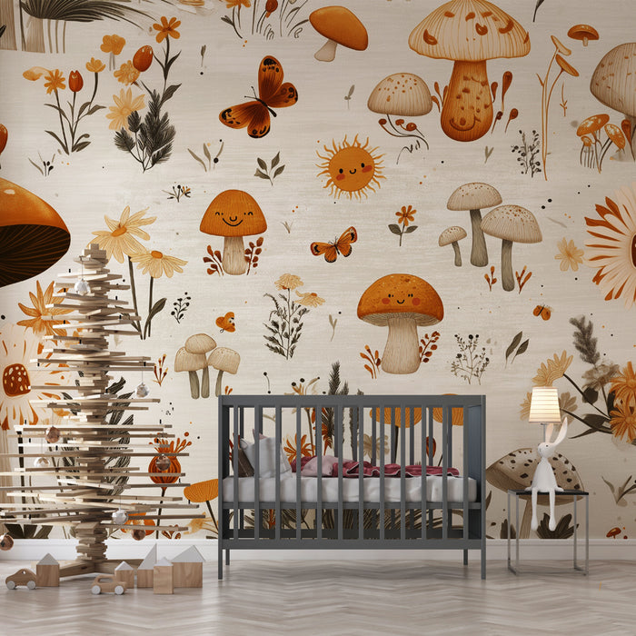 Papier peint champignons et papillons | Motif naturel et ludique