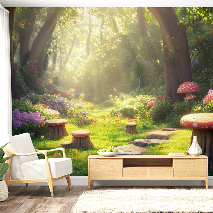 Papier peint forêt magique | Décor enchanteur avec champignons et fleurs