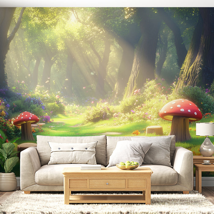 Papier peint forêt enchantée | Champignons magiques et rayons de soleil
