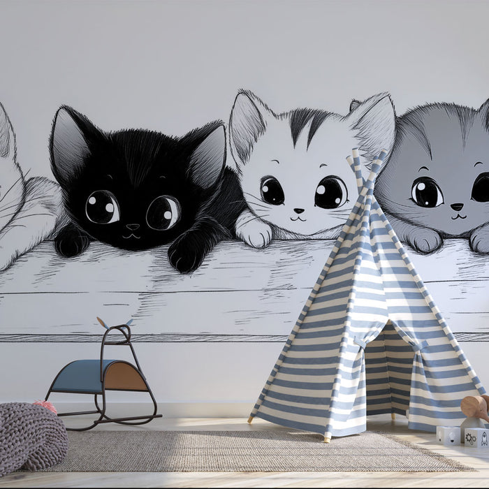 Papier peint chatons mignons | Dessin en noir et blanc