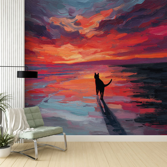 Papier peint coucher de soleil | Silhouette féline