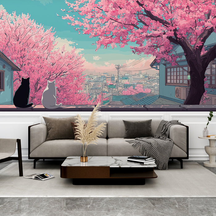 Papier peint Sakura | Paysage de cerisiers en fleurs avec chats