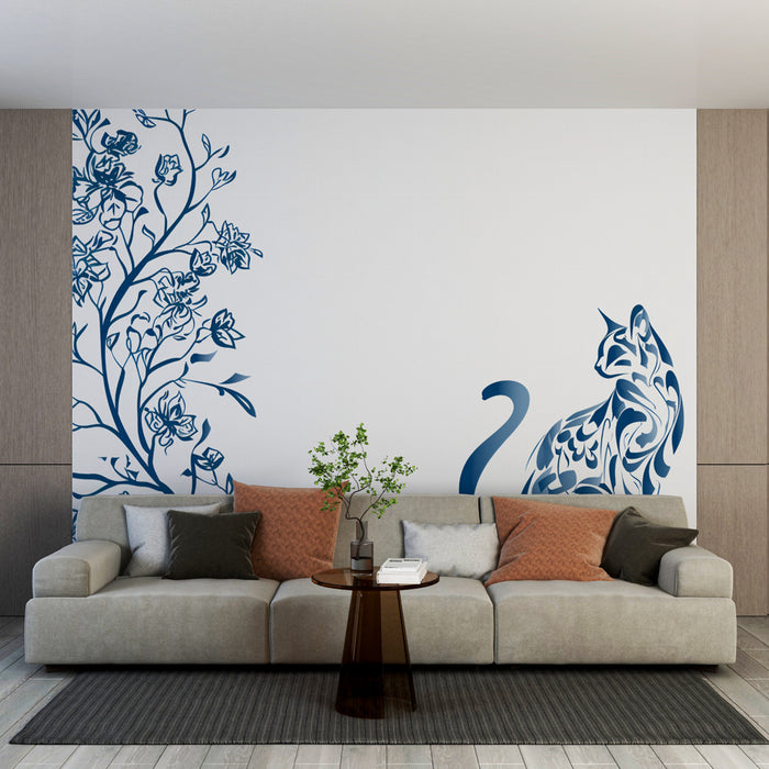 Papier peint floral chat | Design artistique en bleu