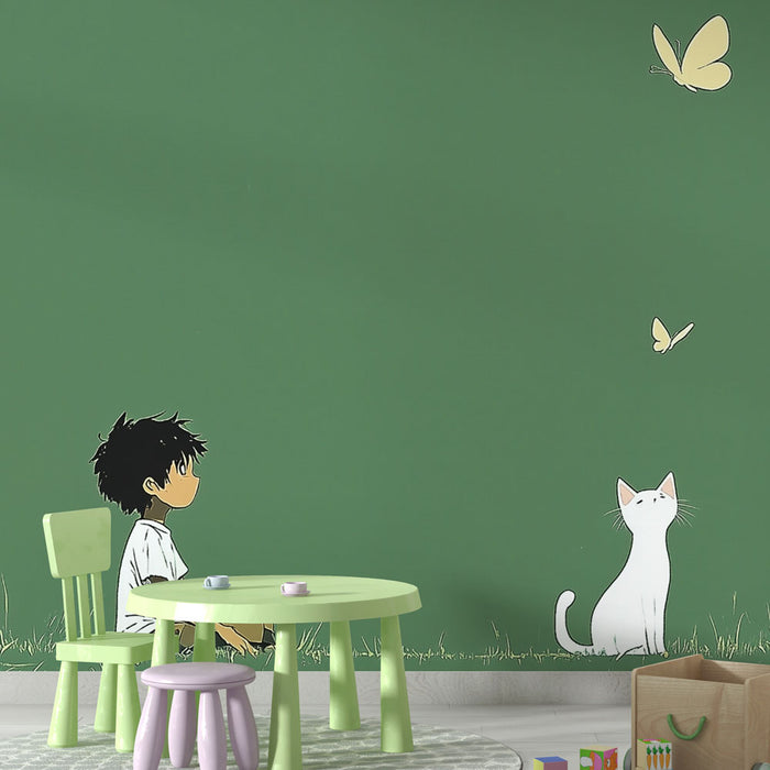 Papier peint Enfant et Chat | Illustration Naturelle et Paisible