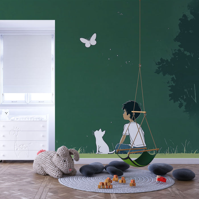 Papier peint nature et innocence | Enfant et chat sous un ciel vert
