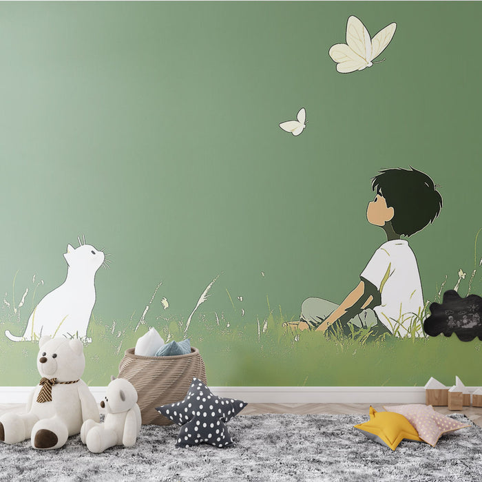Papier peint nature | Enfant et chat regardant les papillons