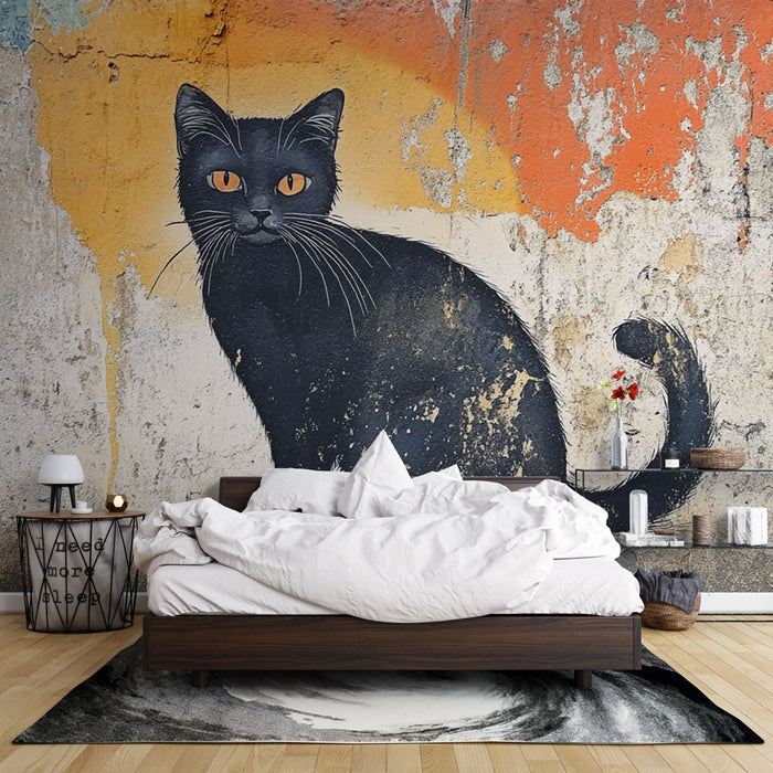 Papier peint chat noir | Illustration murale artistique