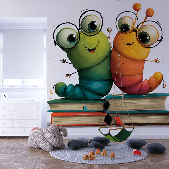 Papier peint chenilles souriantes | Illustration colorée pour chambre d'enfants