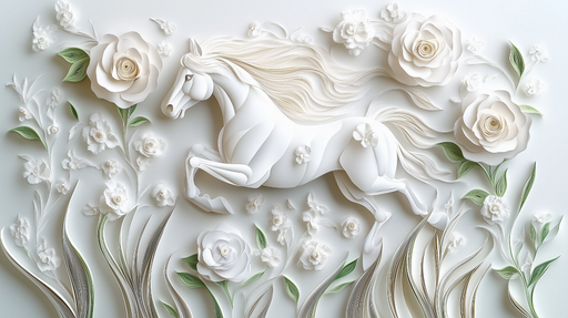 Papier peint cheval et fleurs Art en papier sculpté