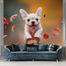 Papier peint mural avec chiot blanc et feuilles d'automne pour salon moderne