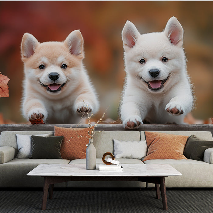 Papier peint chiots joyeux avec fond automnal pour salon chaleureux
