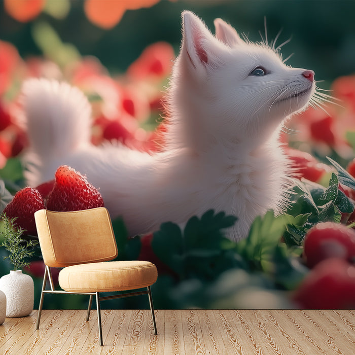 Papier peint chaton et fraises | Design adorable et fruité