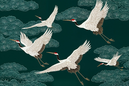 Papier peint Grues élégantes Vol majestueux sur fond vert