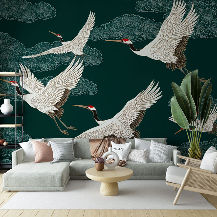 Papier peint Grues élégantes | Vol majestueux sur fond vert