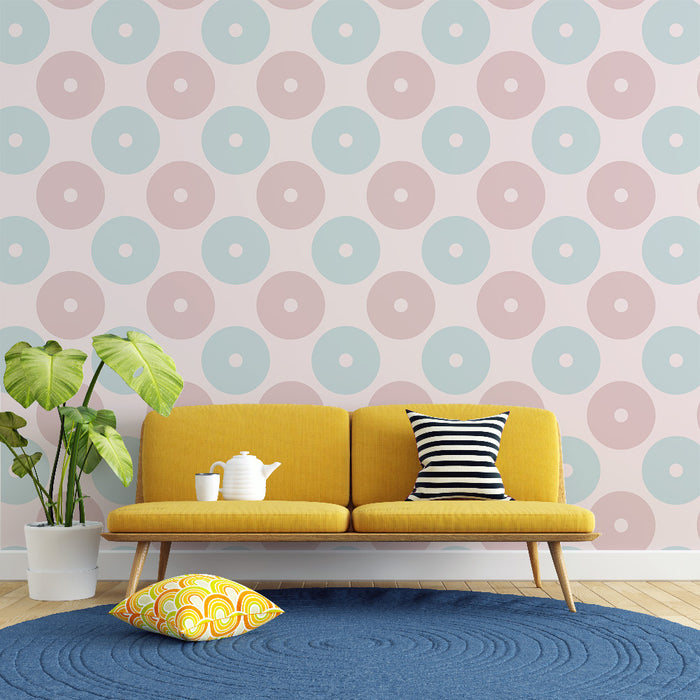 Papier peint pois pastel | Motifs disques rose et bleu