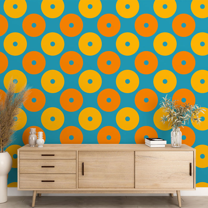 Papier peint motifs circulaires | Orange et Jaune sur Bleu