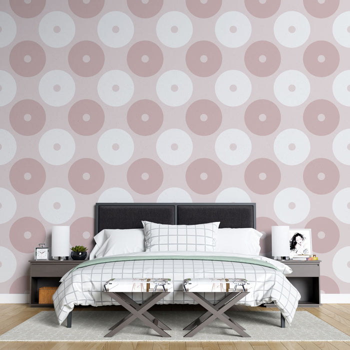 Papier peint cercles rétro | Design vintage rose et blanc